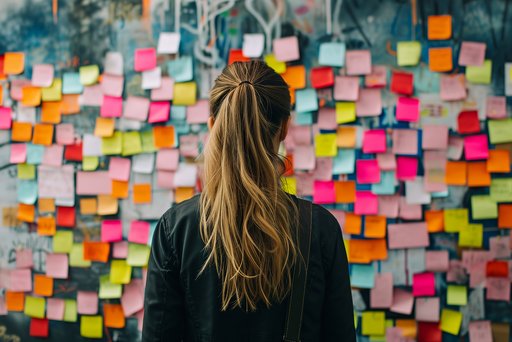 Eine Frau steht vor einer Wand voller Post-its.