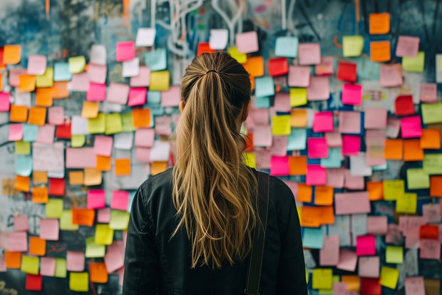 Eine Frau steht vor einer Wand voller Post-its.
